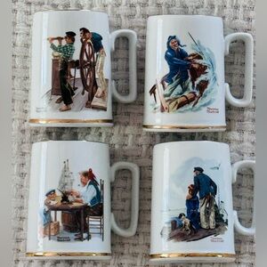 Norman Rockwell vintage set of four nautical mugs with gold trim